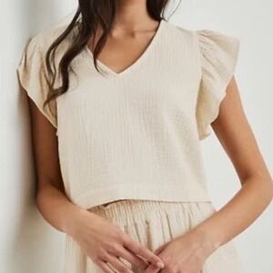 Rails Miley Crop Top Sz XS Beige 100% Cotton Gauze Flutter Sleeve Lightweight